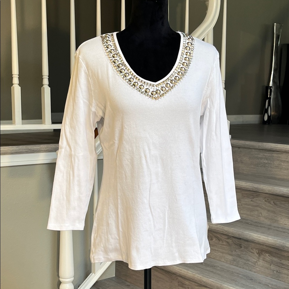 Reba Elegant White 3/4 Sleeve Top with Silver Embellishment